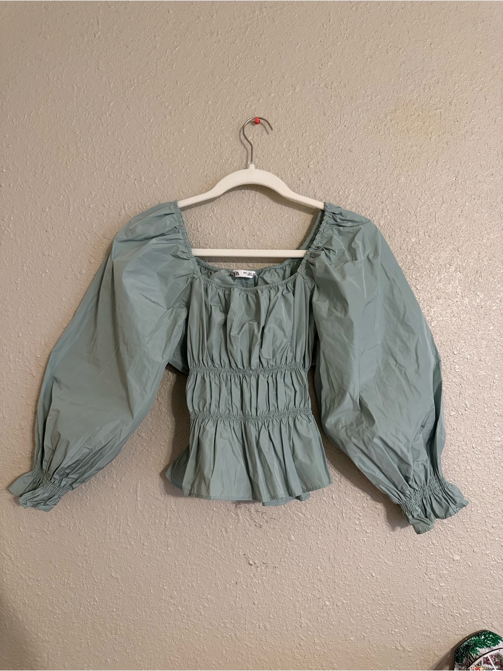 Zara - Sage Green Smocked Peplum Puff Sleeve Long Sleeve Top